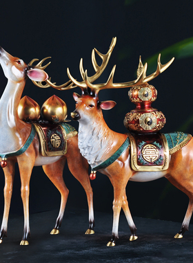 彩铜福鹿招财鹿摆件客厅中式风水铜鹿工艺品家居玄关电视柜装饰品