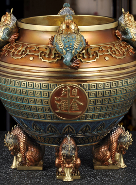 黄铜聚宝盆摆件招财金蟾聚宝缸四方来财日进斗金财位摆放开业送礼