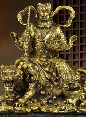 纯黄铜赵公明财神摆件招财骑虎像武财神家用供奉开业客厅装饰品
