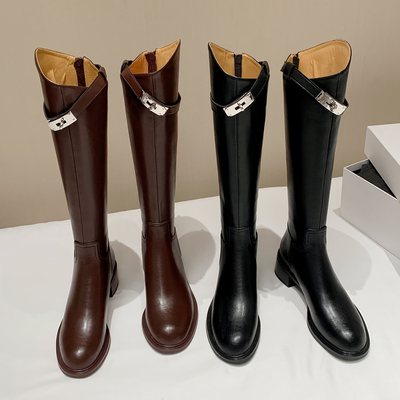纽约时报真皮斜口k*扣加绒粗跟高筒骑士靴女巨显瘦修饰腿型长筒靴