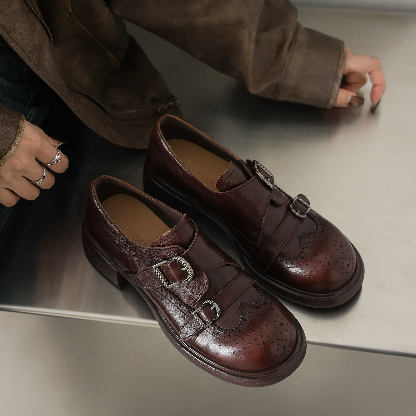 2026复古真皮皮带扣乐福鞋女头层水洗牛皮布洛克雕花粗跟深口单鞋,女鞋,乐福鞋（豆豆鞋）,淘宝优惠券,粉丝福利购,淘宝优惠卷