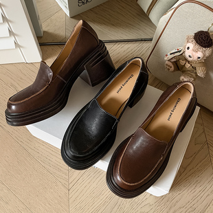 圆头厚底英伦风小皮鞋 小羊皮高跟粗跟乐福鞋 新款 女单鞋 女 2025夏季