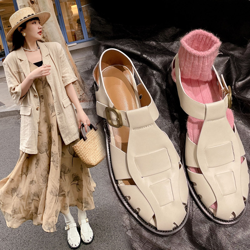 欧美罗马凉鞋女2026新款夏季百搭女鞋粗跟法式外穿包头编织猪笼鞋