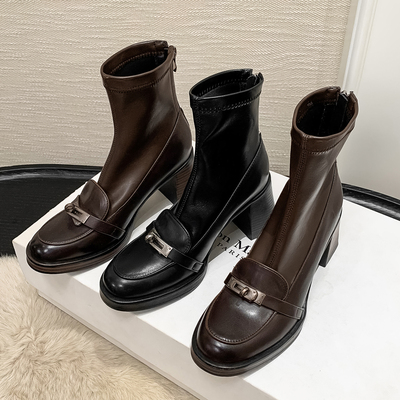 增高百搭舒适2025新款真皮圆头粗跟短靴女高跟时髦韩版弹力瘦瘦靴