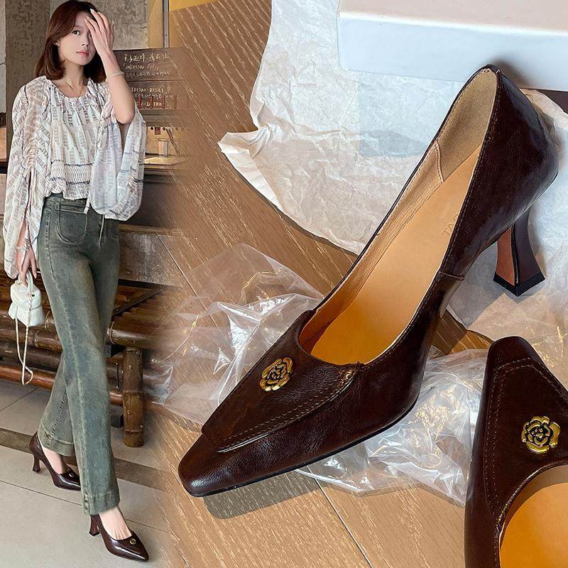 2025新款法式粗跟单鞋女山荼花小香风单鞋女百搭平底鞋气质工作鞋,女鞋,浅口单鞋,淘宝优惠券,粉丝福利购,淘宝优惠卷