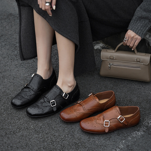 水洗马皮手工雕花布洛克英伦复古女鞋牛皮孟克鞋双扣方头小皮鞋女