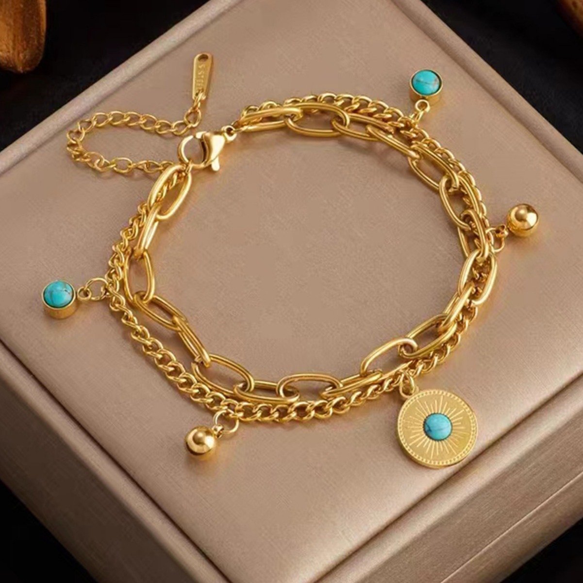 新款双层钛钢手链层叠罗马欧美绿