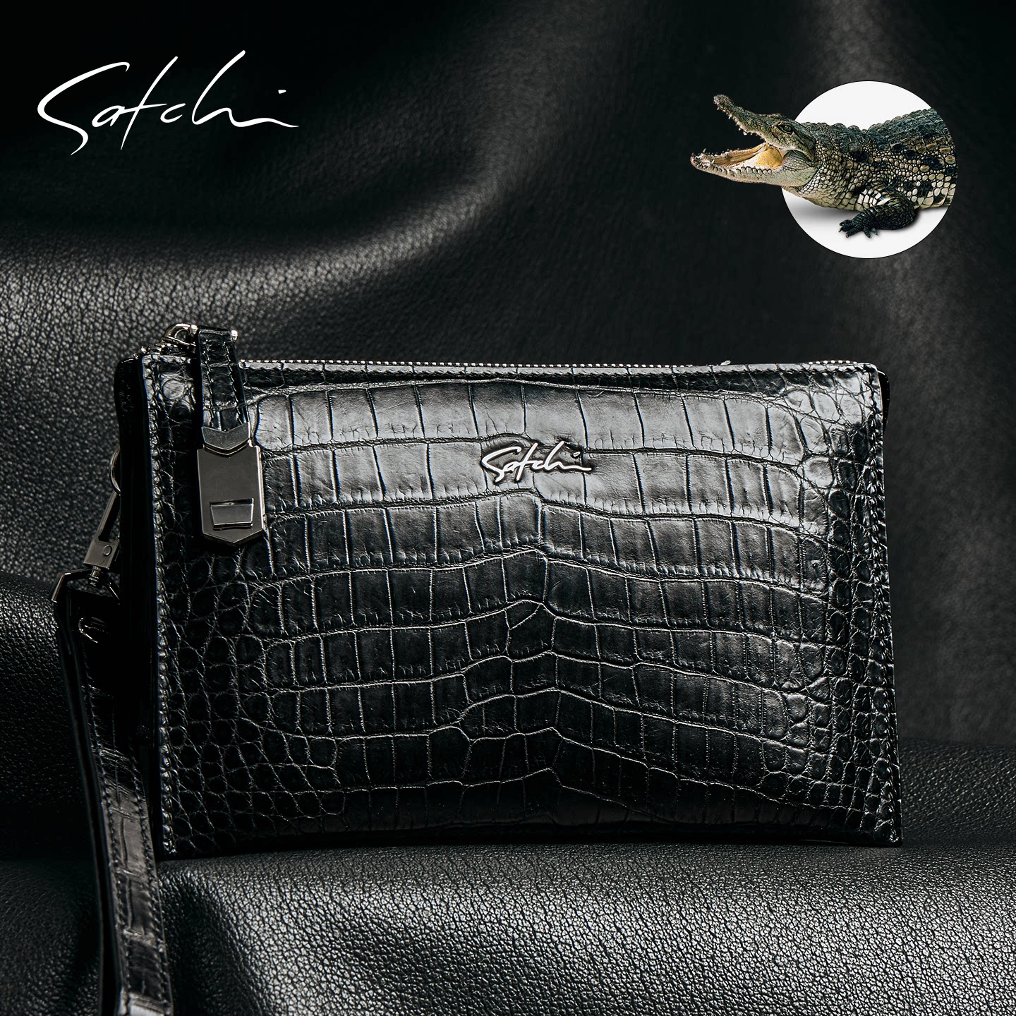 SATCHI/沙驰鳄鱼皮男士真皮大容量手拿包商务休闲手抓包高档送礼