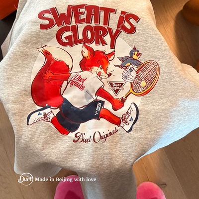 2025duet原创 动物运动员系列羽毛球狐狸灰色连帽空气棉卫衣