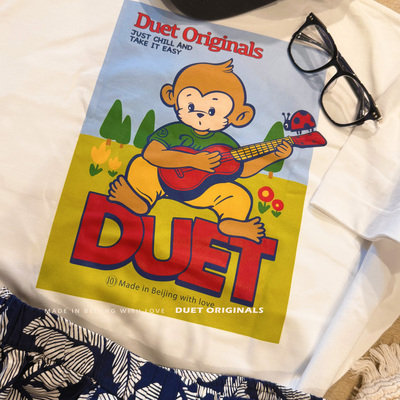 2025duet原创 吉他小猴白色短袖宽松重磅T恤