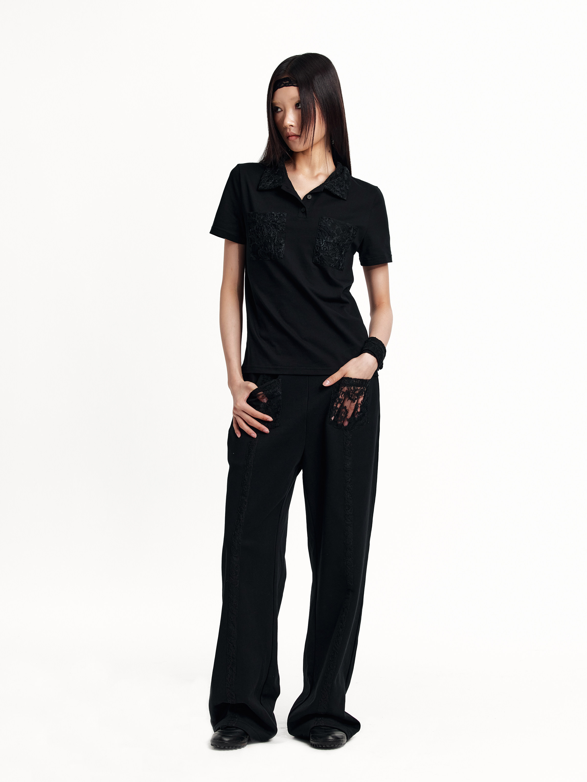 RUSTYNAILLS ORIGINAL NICHE DESIGN THREE-DIMENSIONAL LACE EMBROIDERY STITCHING FULL-SHOULDERED SHORT-SLEEVED POLO SHIRT T-SHIRT TOP WOMEN