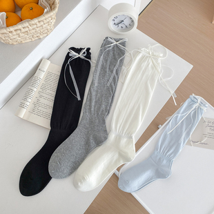 奶白蝴蝶结蕾丝堆堆袜子女ins风夏季 jk显瘦长筒袜纯色甜美少女袜