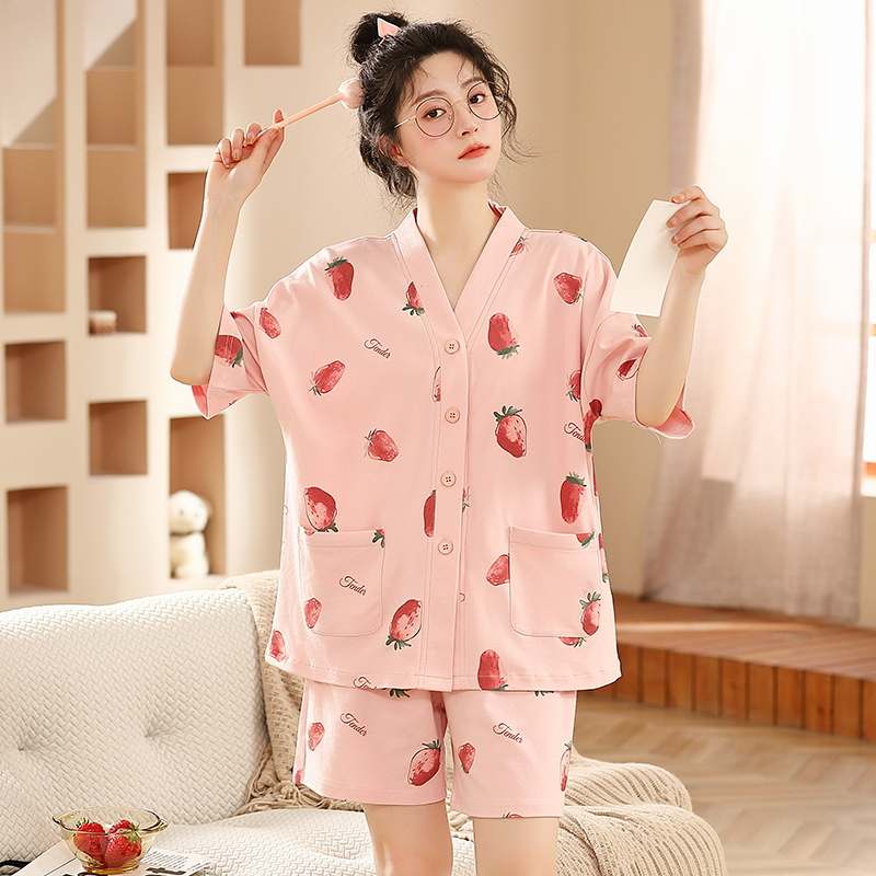 睡衣女纯棉和服开衫短袖套装