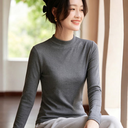 简约轻奢风半高领薄款针织衫女长袖T恤修身内搭打底上衣纯色小衫