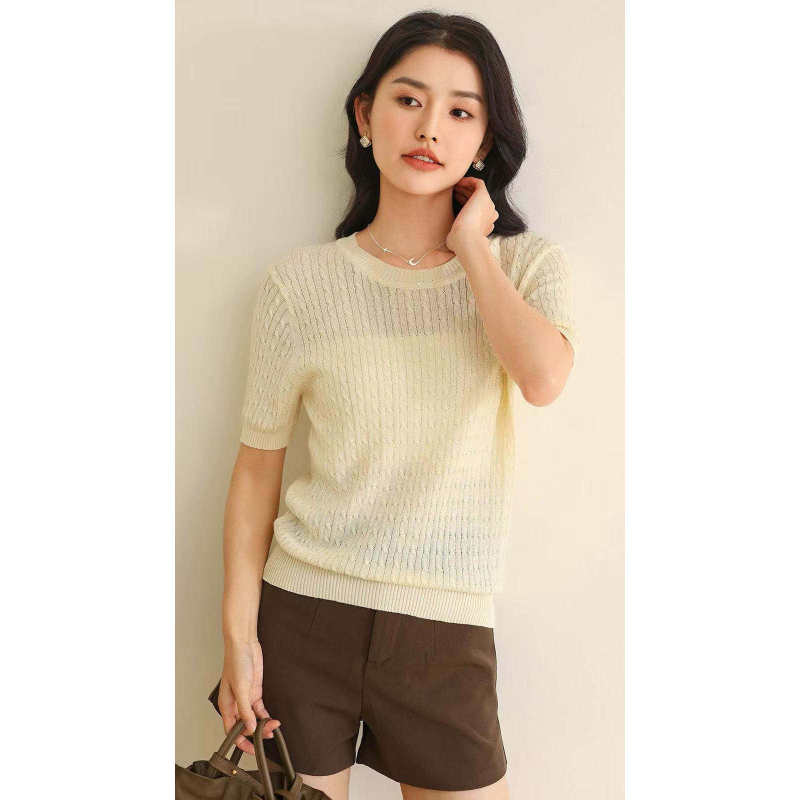 专柜款复古麻花纯棉线针织短袖T恤女2026新款圆领显瘦上衣打底衫