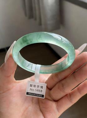 “琼溪凝露”翠玉手镯子缅甸糯冰种白底飘绿花玉手镯少女款处理