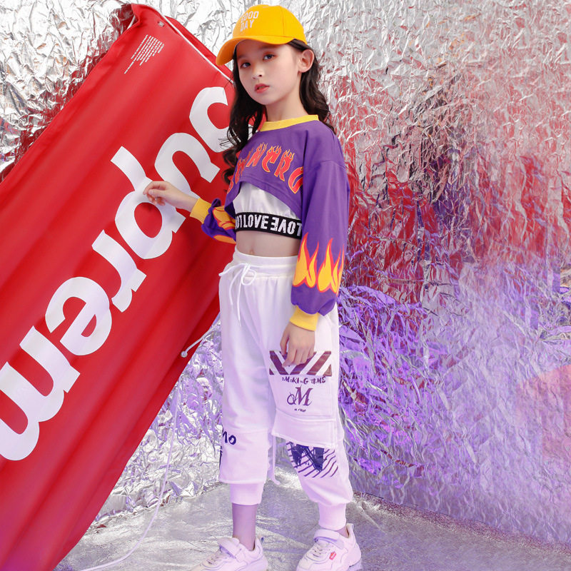 儿童爵士舞服装韩版宽松露脐上衣少儿演出表演嘻哈女童街舞套装