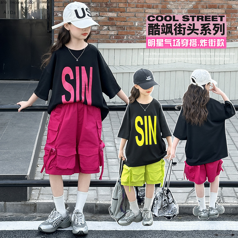 女童工装裤套装2025夏季新款时髦洋气女孩夏装休闲运动短袖