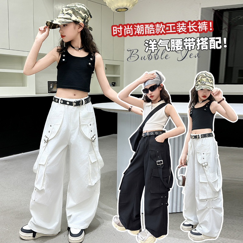 女童多口袋工装裤夏季爵士街舞潮裤子2025新款儿童洋气嘻哈阔腿