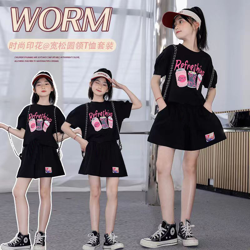 女童夏装2025新款儿童夏季运动洋气时髦童装大童夏款网红短袖套装