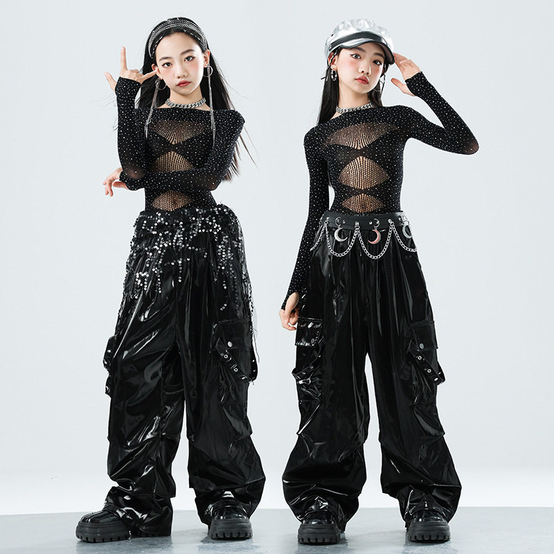 少儿爵士舞服装露脐网纱上衣皮裤套装jazz女童街舞潮服六一