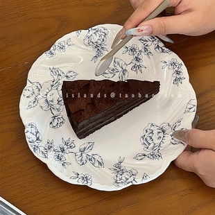 法式复古雾蓝玫瑰花卉平盘蛋糕盘高级感ins陶瓷甜品盘西餐意面盘