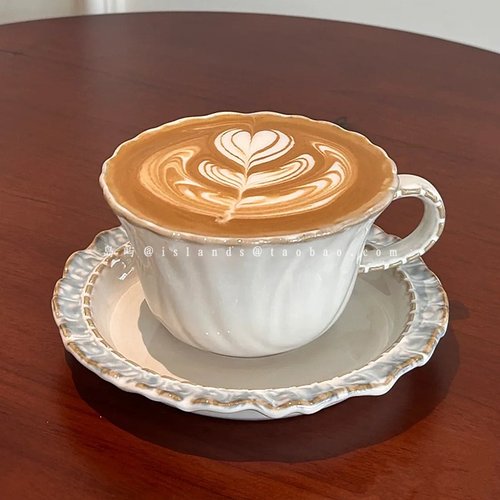 复古风ins烟蓝裙边拿铁拉花杯碟