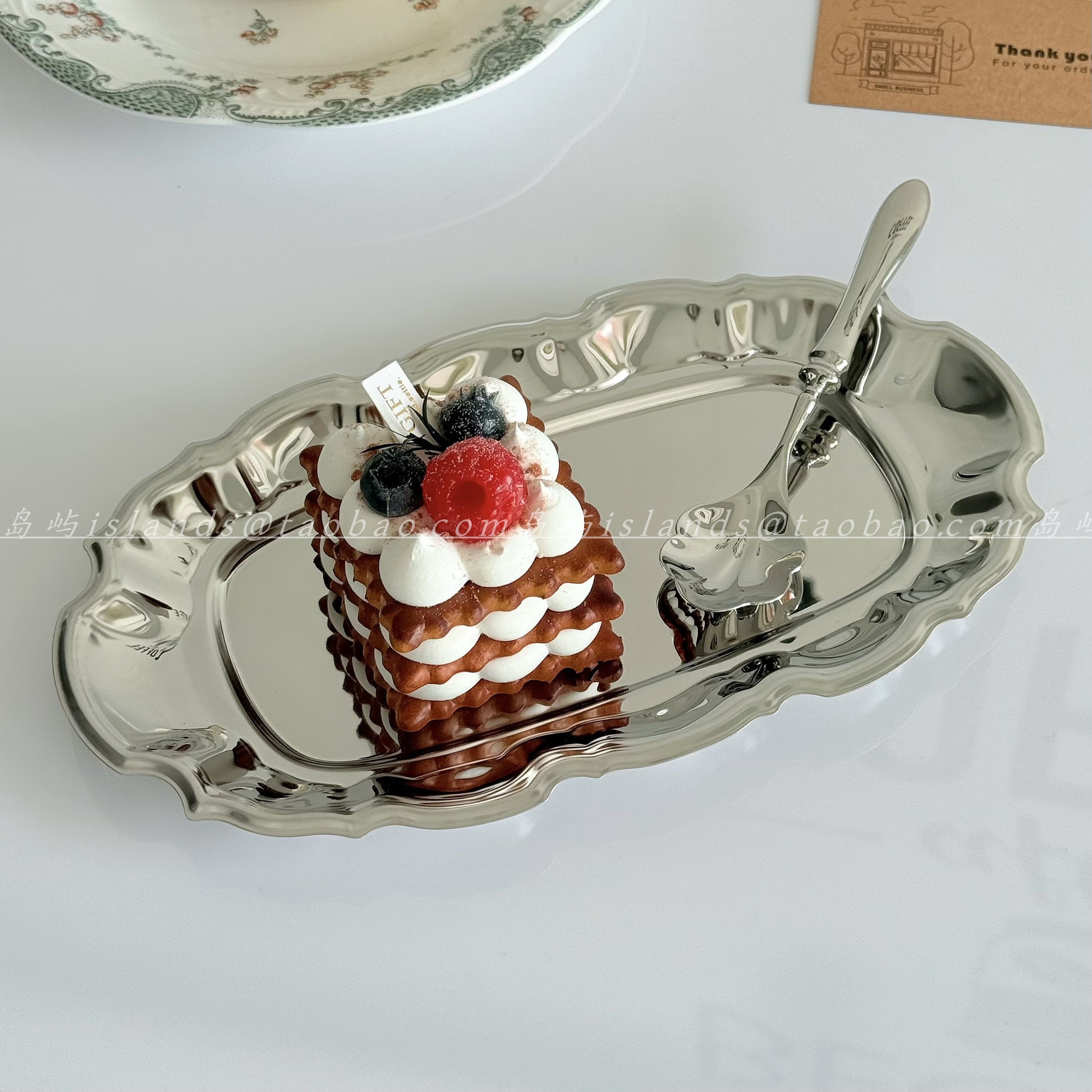 中古不锈钢椭圆花边托盘小吃盘