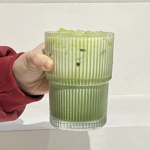 ins简约条纹玻璃杯柠檬茶杯气泡水杯家用可叠饮料杯水果茶杯410ML