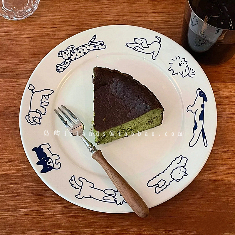 韩国ins可爱猫狗涂鸦甜品盘复古蓝色卡通圆形陶瓷餐具蛋糕西餐盘