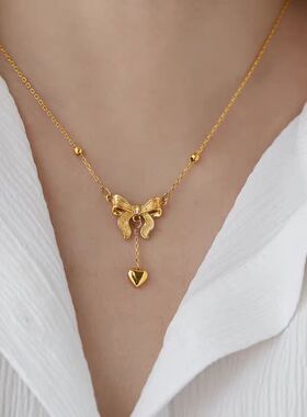 金色蝴蝶结钛钢爱心锁骨链女款