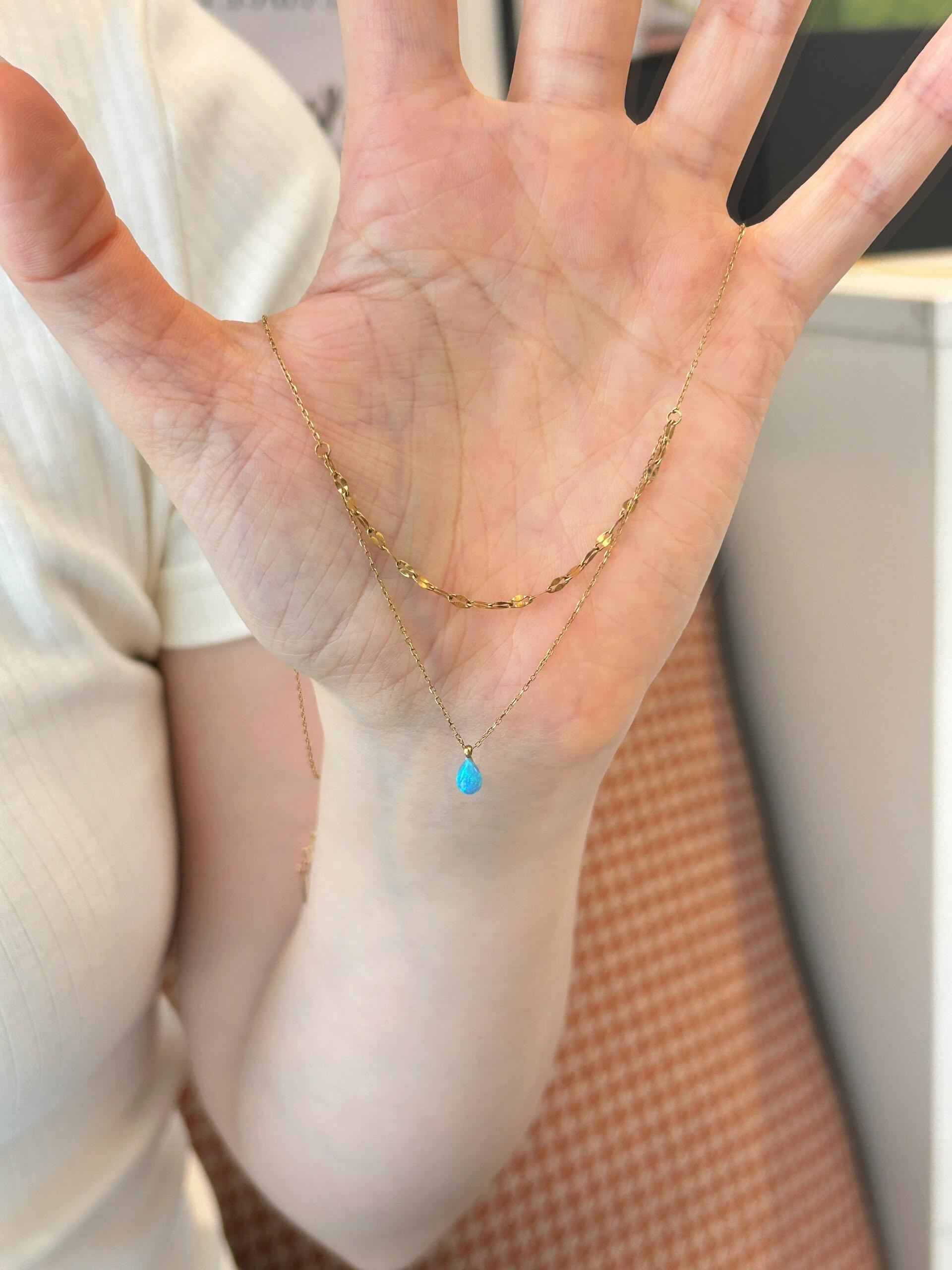 轻奢小巧闪光蓝色水滴吊坠双层项链精致时尚气质锁骨链百搭洋气