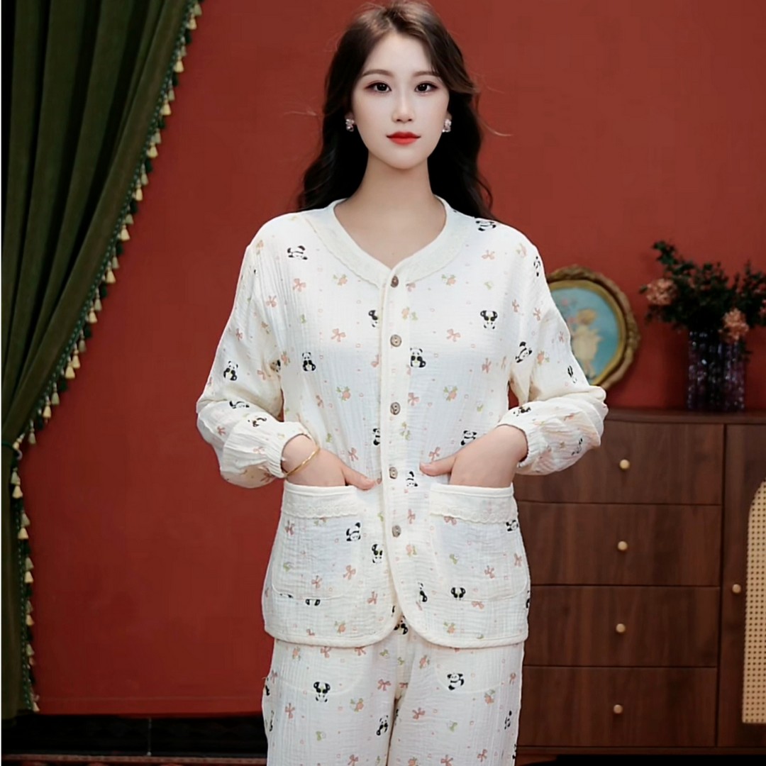 2025秋冬双层棉纱熊猫印花睡衣