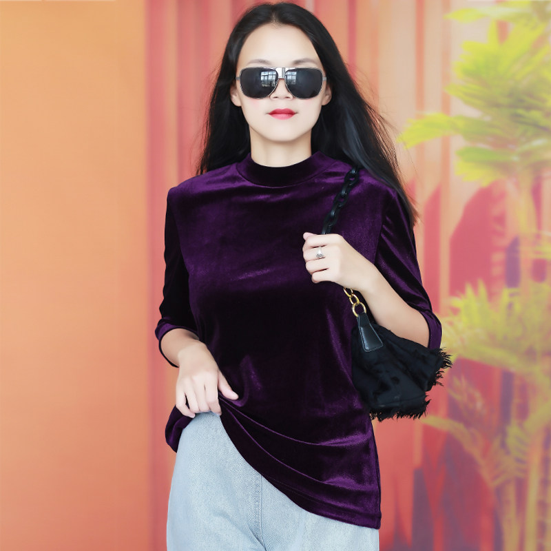 金丝绒中袖半高领宽松上衣女正品