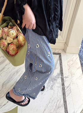 小珠桃子大码女装夏慵懒风格子绣花木耳边九分阔腿裤休闲裤200斤