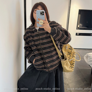 加厚加绒条纹连帽显瘦宽松卫衣外套 1秋冬新款 小珠桃子大码 女装