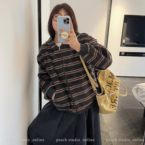 大码女装条纹连帽卫衣外套
