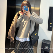 秋冬新款 小珠桃子大码 女装 miu系磨毛加厚拼色显瘦正肩打底T恤上衣