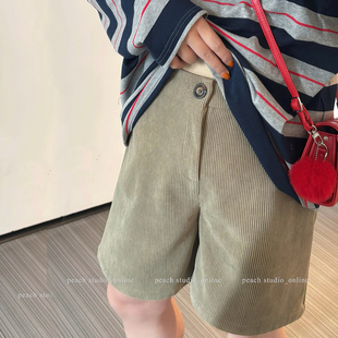 女装 中裤 秋冬新款 休闲裤 加厚灯芯绒显瘦复古阔腿短裤 小珠桃子大码