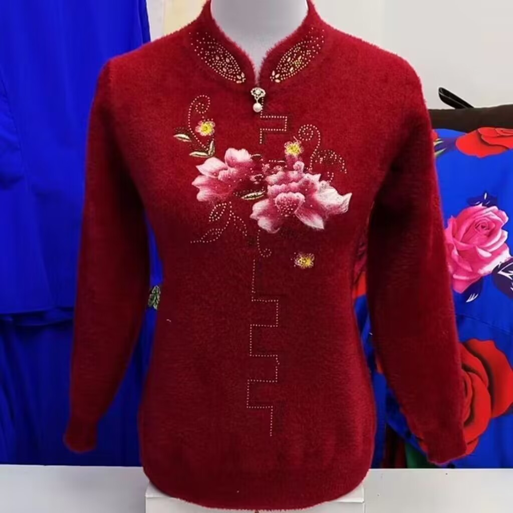 妈妈装宽松水貂绒毛衣秋冬旗袍领加厚打底衫中老年女50岁洋气上衣