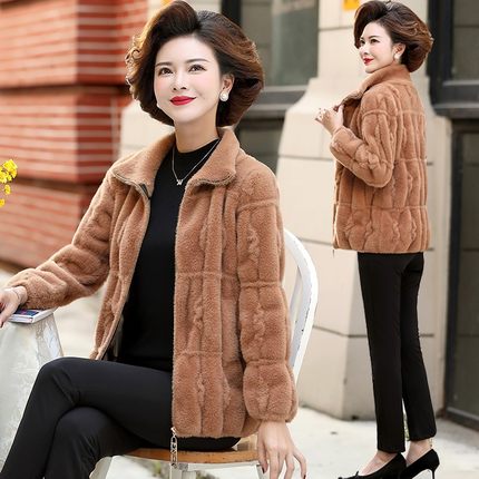 妈妈秋冬装水貂绒外套中年妇女开衫中老年洋气短款双面羊绒大衣潮