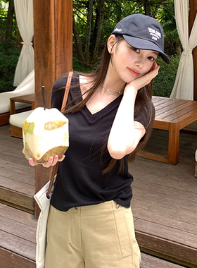 v领短袖t恤女2025新款夏基础款纯色休闲百搭简约正肩黑色打底上衣