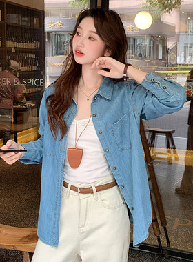 浅蓝色衬衫女春秋弧形下摆复古港风小众气质宽松大版长袖上衣