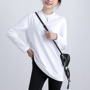 中长款上衣女内搭长袖极简风正肩宽松遮屁股白t恤加绒秋冬打底衫