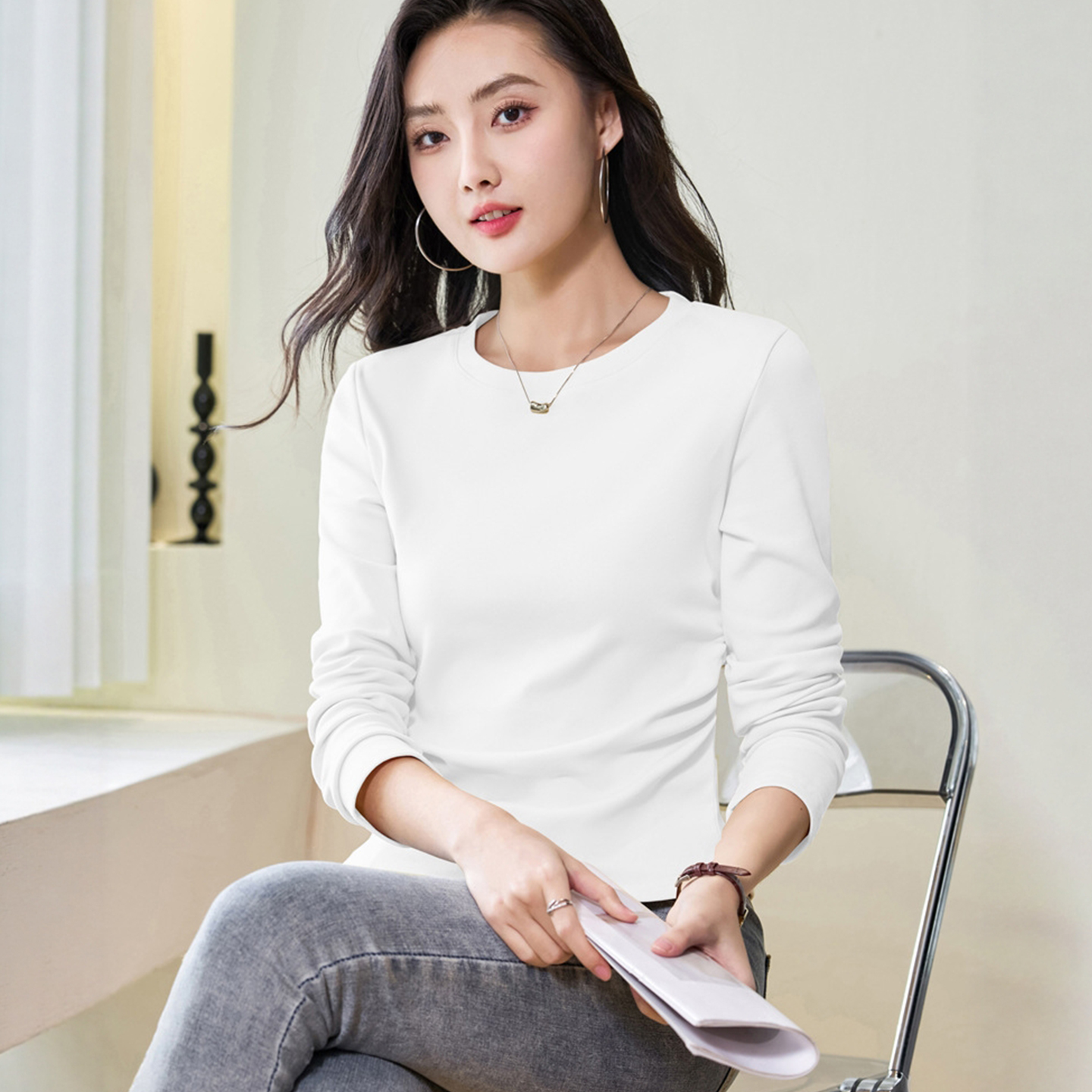 掐腰t恤女春秋长袖修身显瘦百搭收腰弧形下摆秋冬内搭打底衫上衣