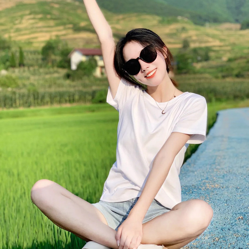 丝光棉t恤女短袖高品质修身显瘦正肩夏小众体恤纯棉布料白色上衣