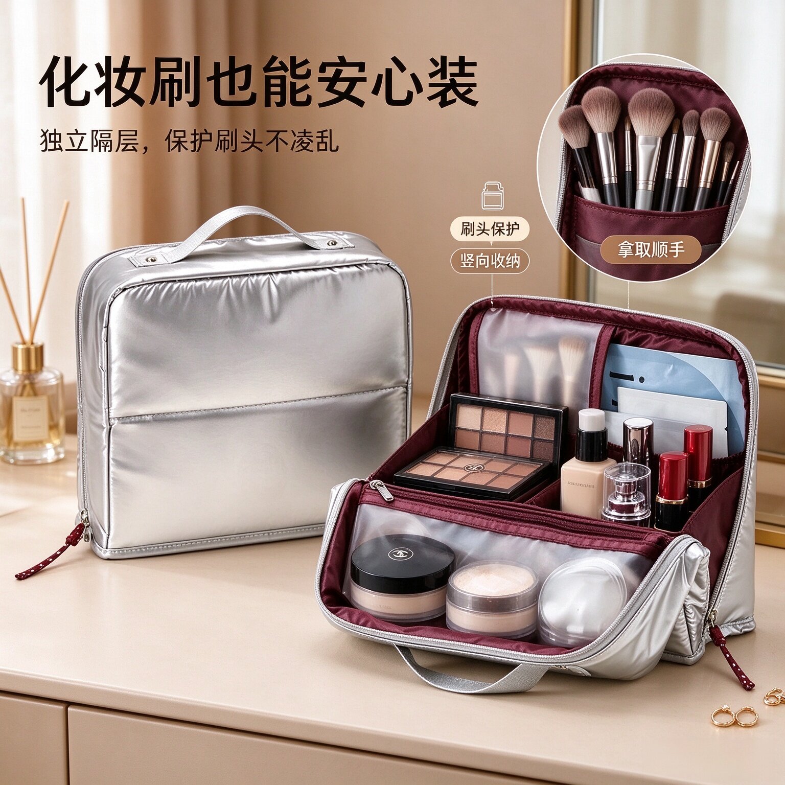 自立式化妆包大容量女外出便携洗漱包高端多功能化妆品刷子收纳包