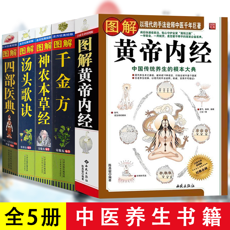 图解5册中医书籍千金方+黄帝内经+神农本草经+汤头歌诀+四部医典中医基础理论中医书籍大全中草药全图鉴中药材中国药典医学医学类