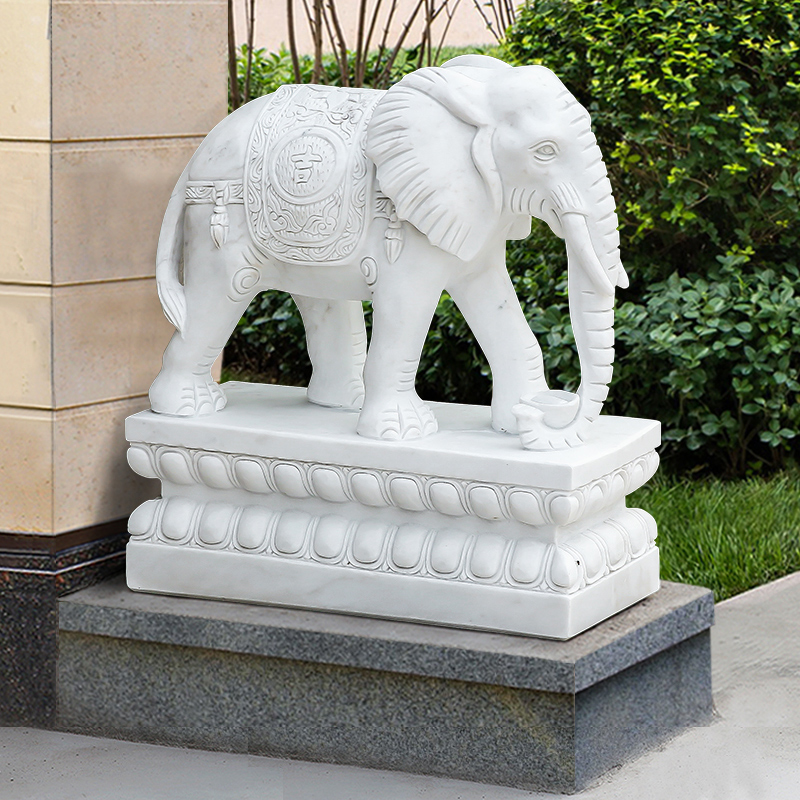 石雕大象天然汉白玉石象看门护院一对大理石雕塑动物门口工艺摆件
