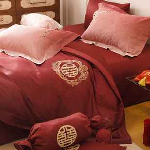 新中式 婚庆床品龙凤刺绣渐变色印花100S全棉红色结婚被套床单床笠